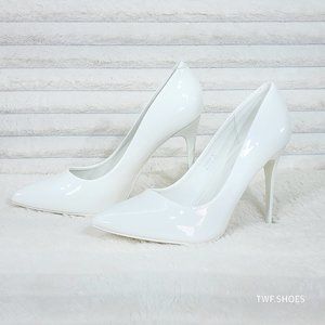 Bright White Shiny Patent High Heel Pumps Matching Colored Sole Fabio